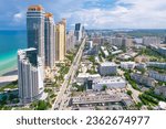 Sunny Isles Beach Florida. Panorama of Miami Beach FL. Atlantic Ocean beach. Beautiful seascape. Turquoise color of sea water. Summer vacation in Florida. Aerial view on Hotels and Resorts on Island