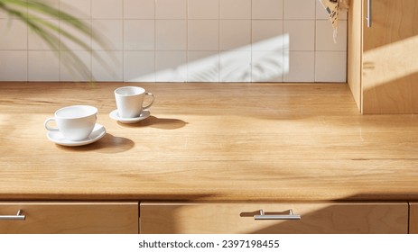 A sunny kitchen with white tile walls, a wooden table and sink. - Powered by Shutterstock