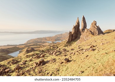 A sunny landscape with The Storr hill and rocks - Shutterstock ID 2352484705