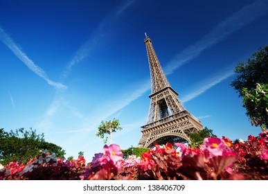 sunny morning and Eiffel Tower, Paris, France Stock Photo