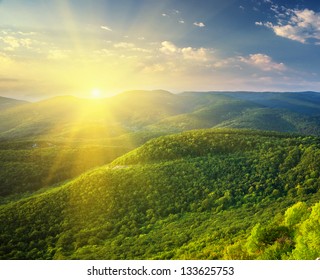 Sunny morning in mountain. Beautiful landscape composition.