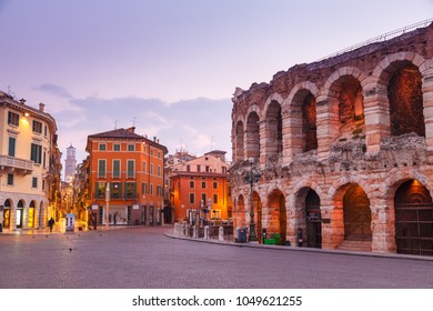 Sunny morning in the streets of Verona near the Coliseum Arena di Verona. Italy.