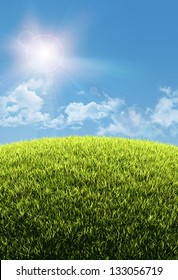 Sunny Natural Summer Background With Grassy Hill And Clear Blue Sky - Great Copy-space For Posters, Cards Or Banners