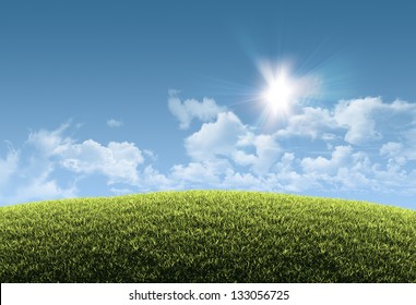 Sunny Natural Summer Background With Grassy Hill And Clear Blue Sky - Great Copy-space For Posters, Cards Or Banners