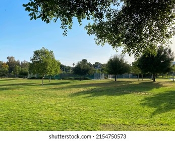 A Sunny Public Community Park Shady Afternoon Sun Shadows Empty Clean Blue Sky Hillside Daytime