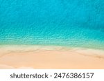 Sunny relaxing aerial beach scene, summer vacation holiday tourism. Waves splash Mediterranean amazing blue ocean bay sea shore coastline. Perfect aerial drone top view. Peaceful bright beach, seaside