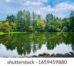 Sunny Round Lake with the surrounding vibrant forest reflecting in the partly cloudy  summer day in Camas Washington