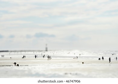 Sunny Sandy Beach, Populated With Many Active People (Minature Model Fake)