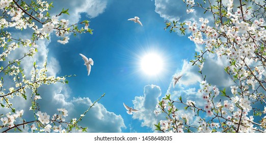 sunny sky with spring flowers and flying doves