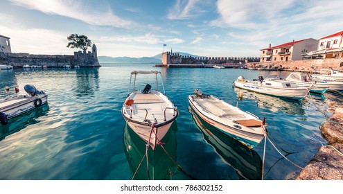 Sunny spring panorama of Nafpaktos port. Splendid morning scene of Gulf of Corinth, Greece, Europe. Beauty of countryside concept background. Beauty of countryside concept background.
