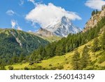 Sunny summer morning in Zermatt with Matterhorn peak on background. Beautiful outdoor scene in Swiss Alps, Switzerland, Europe.