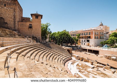 Sunny view of ancient amphitheater Teatro Romano de Malaga, Andalusia province, Spain.