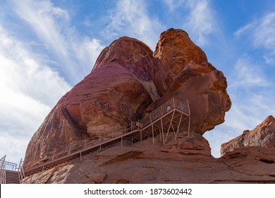 Sunny view of the Atlatl Rock of Valley of Fire State Park at Nevada
