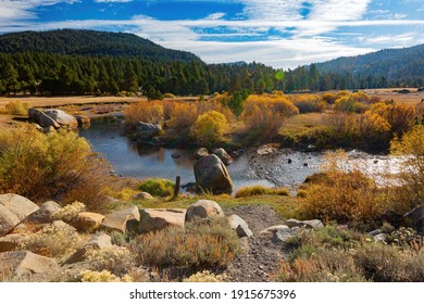 Sunny View With Beautiful Fall Color Along The Hope Valley In Lake Tahoe Area At Nevada, USA