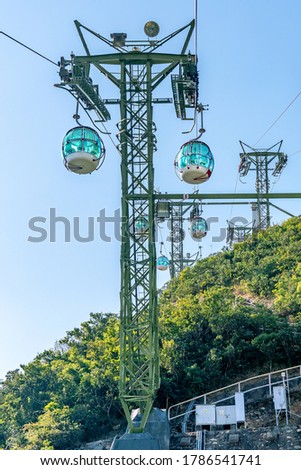 The sunny view of cable car and theme park near to ocean
