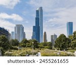 Sunny view of the downtown cityscape at Chicago