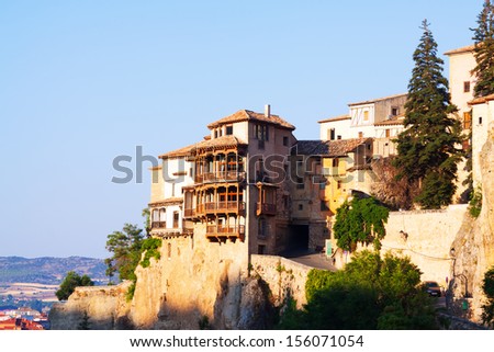 Sunny view of Hanging houses on rocks in Cuenca. Castilla-La Mancha,  Spain