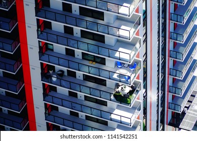 Sunny view of hotel balconies on a summer morning.