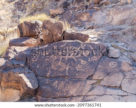 Sunny view of the landscape in Petroglyph Canyon Trail at Las Vegas, Nevada