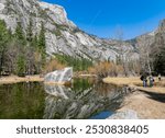 Sunny view of the mirror lake landscape in Yosemite National Park at California