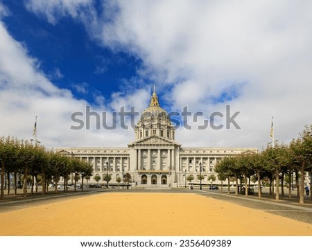 Sunny view of The San Francisco City Hall with cityscape at California