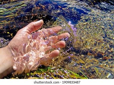  In sunny weather, the hand touches the cool water in the river. The water is clear and you can see the bottom and the rocks on the bottom.                               - Shutterstock ID 1909833487