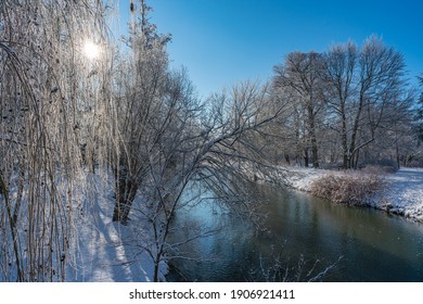 A sunny winter day by the river Spree in Cottbus , Brandenburg, Germany. Winter in the city.  - Shutterstock ID 1906921411