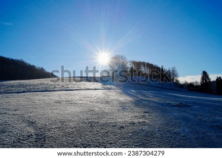 sunny winter day, frozen and snowy countryside, blue sky, sun, trees