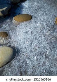 Sunny Winter Day At River, Ice And Snow On The River Bank