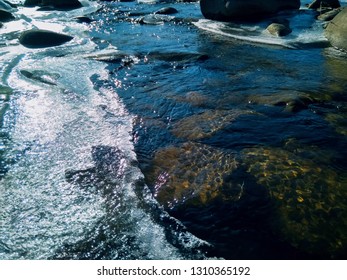 Sunny Winter Day At River, Ice And Snow On The River Bank