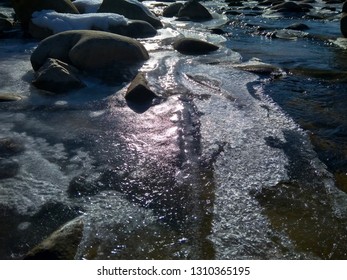 Sunny Winter Day At River, Ice And Snow On The River Bank