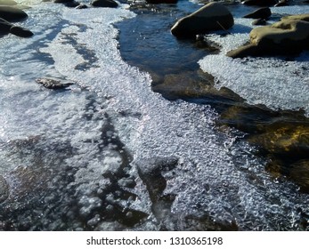 Sunny Winter Day At River, Ice And Snow On The River Bank