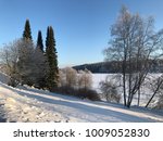 Sunny winter landscape and blue sky in Keuruu, Central Finland