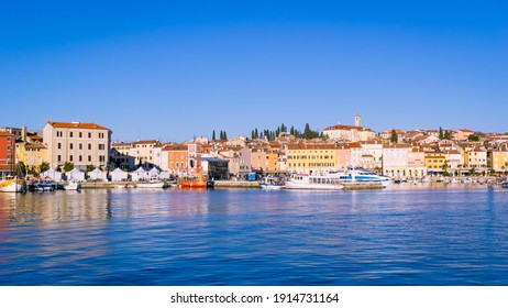 Sunny Winter Panorama Of Rovinj And Its Harbor, Istria, Croatia