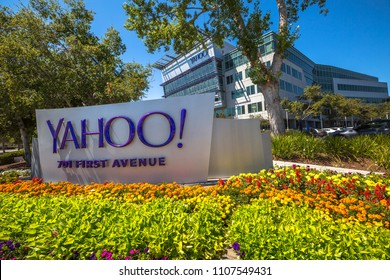 Sunnyvale, CA, United States - August 15, 2016: Yahoo icon outside Yahoo Headquarters.Yahoo Inc. is a multinational technology company that is known for its web portal and search engine Yahoo Search.