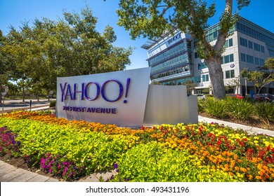 Sunnyvale, CA, United States - August 15, 2016: Yahoo logo outside Yahoo Headquarters. Yahoo is a multinational technology company that is known for its web portal and search engine Yahoo Search.