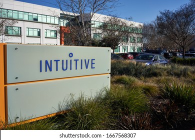 Sunnyvale, CA, USA - Feb 7, 2020: The Intuitive Sign At The American Medical Technology Company Intuitive Surgical's Headquarters. Intuitive Pioneers In Robotic-assisted, Minimally Invasive Surgery.