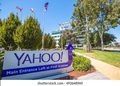 Sunnyvale, California, United States - August 15, 2016: Yahoo Headquarters with American Flag and flag with Yahoo icon on background.