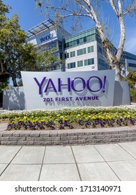 Sunnyvale, California, USA - March 29, 2018: Yahoo sign at Yahoo 's headquarters in Sunnyvale, California. Yahoo! is a web services provider that is wholly owned by Verizon Communications through Oath