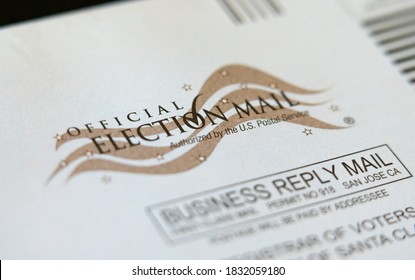 Sunnyvale, California / USA - October 11, 2020: Return Envelope For Official Vote By Mail Ballot In Santa Clara County. Up Close Of Logo With Blur.