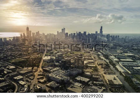 Sunrise above city of Chicago aerial view , vintage colors