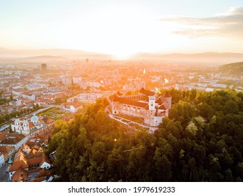 Sunrise above Ljubljana castle in capital city of Slovenia, Ljubljana