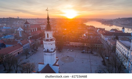 Sunrise aerial image of Kaunas city, Lithuania.