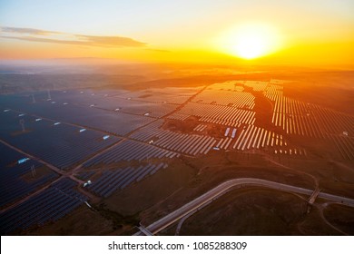 At Sunrise, Aerial New Energy Solar Photovoltaic