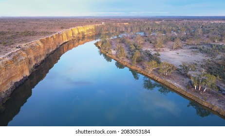 Sunrise Aerial Shot Flying Upstream Above The Murray River At Big Bend In South Australia