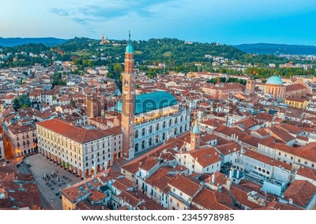 Sunrise aerial view of Basilica Palladiana at the Piazza dei Signori square in the Italian town Vicenza.
