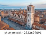 Sunrise aerial view of Piazza Trento e Triste in Italian town Ferrara.