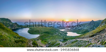 Sunrise aerial view of seven rila lakes in Bulgaria

