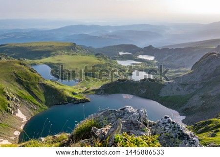 Sunrise aerial view of seven rila lakes in Bulgaria