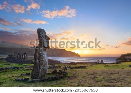 Sunrise at the Ahu Tongariki on Easter Island, Chile